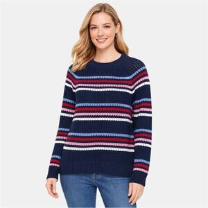 Talbots Sweater XL Open Knit Striped Cotton Crewneck Navy Preppy Pullover